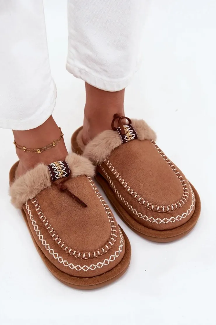 Boto Kapcie Damskie Z Futerkiem I Haftem Brązowe Perivelle