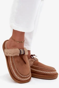 Boto Kapcie Damskie Z Futerkiem I Haftem Brązowe Perivelle