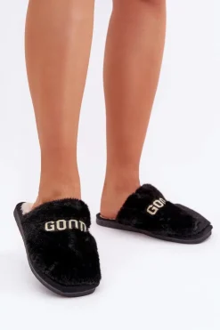 Boto Kapcie Klasyczne|Klapki Z Futerkiem*Kapcie Damskie Z Futerkiem I Napisem Czarne Kalelia Czarny