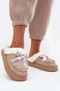 Boto Kapcie Klasyczne*Kapcie Damskie Z Futerkiem I Kokardką Beżowe Fenella Beżowy