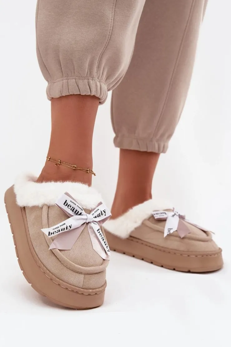 Boto Kapcie Klasyczne*Kapcie Damskie Z Futerkiem I Kokardką Beżowe Fenella Beżowy
