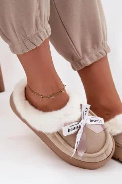 Boto Kapcie Klasyczne*Kapcie Damskie Z Futerkiem I Kokardką Beżowe Fenella Beżowy