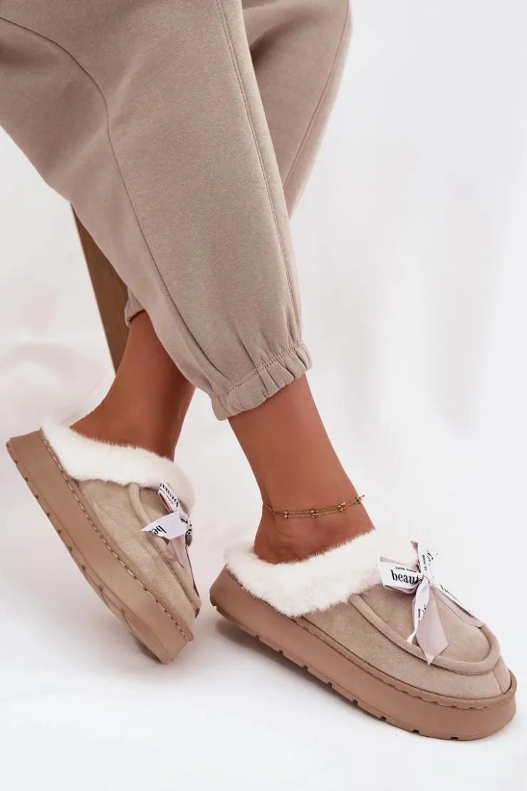 Boto Kapcie Klasyczne*Kapcie Damskie Z Futerkiem I Kokardką Beżowe Fenella Beżowy