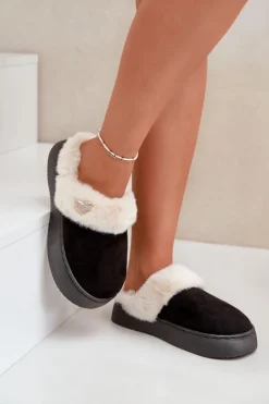Damskie Boto Kapcie Damskie Z Futerkiem I Ozdobnym Sercem Czarne Otielo