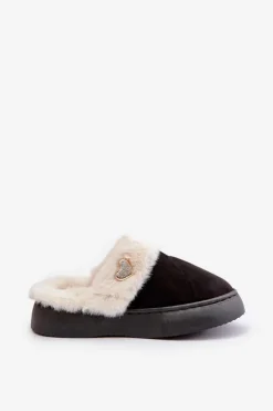 Damskie Boto Kapcie Damskie Z Futerkiem I Ozdobnym Sercem Czarne Otielo