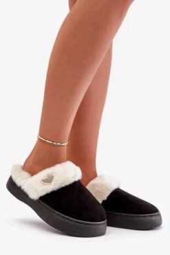 Damskie Boto Kapcie Damskie Z Futerkiem I Ozdobnym Sercem Czarne Otielo