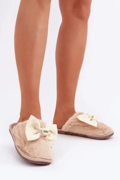 Boto Kapcie Klasyczne*Kapcie Damskie Z Futerkiem I Kokardą Beżowe Olfedi Beżowy