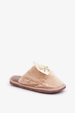 Boto Kapcie Klasyczne*Kapcie Damskie Z Futerkiem I Kokardą Beżowe Olfedi Beżowy