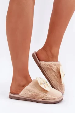 Boto Kapcie Klasyczne*Kapcie Damskie Z Futerkiem I Kokardą Beżowe Olfedi Beżowy