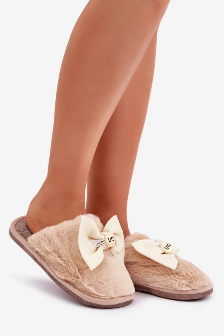 Boto Kapcie Klasyczne*Kapcie Damskie Z Futerkiem I Kokardą Beżowe Olfedi Beżowy
