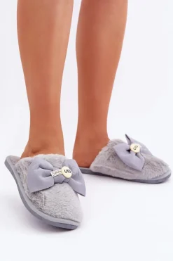 Boto Kapcie Klasyczne*Kapcie Damskie Z Futerkiem I Kokardą Szare Olfedi Szary