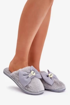 Boto Kapcie Klasyczne*Kapcie Damskie Z Futerkiem I Kokardą Szare Olfedi Szary