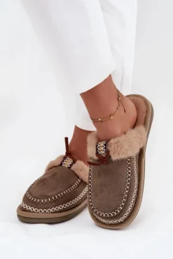 Damskie Boto Kapcie Damskie Z Futerkiem I Haftem Zielone Perivelle