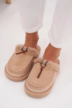 Clearance Boto Kapcie Damskie Z Futerkiem I Haftem Beżowe Perivelle