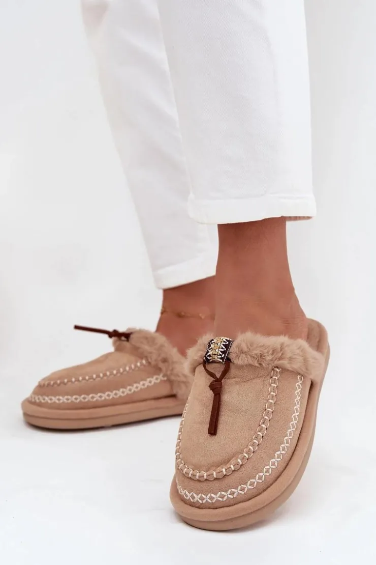 Clearance Boto Kapcie Damskie Z Futerkiem I Haftem Beżowe Perivelle