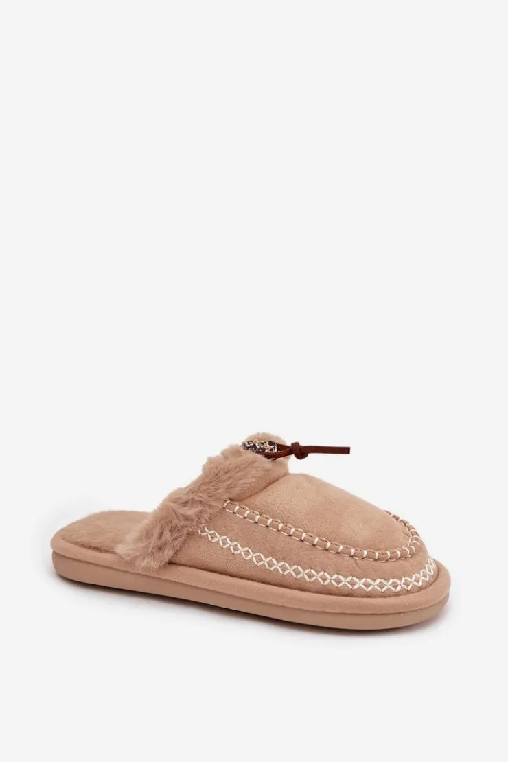 Clearance Boto Kapcie Damskie Z Futerkiem I Haftem Beżowe Perivelle