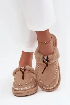 Clearance Boto Kapcie Damskie Z Futerkiem I Haftem Beżowe Perivelle