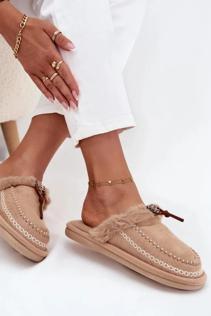 Clearance Boto Kapcie Damskie Z Futerkiem I Haftem Beżowe Perivelle