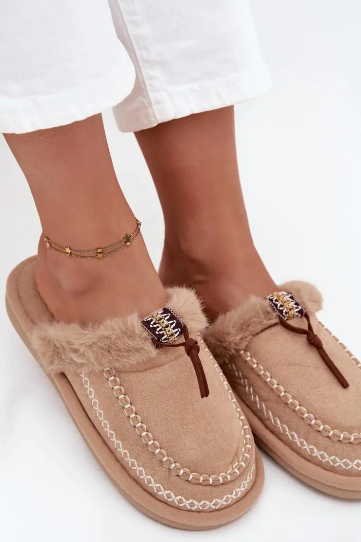 Clearance Boto Kapcie Damskie Z Futerkiem I Haftem Beżowe Perivelle
