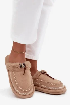 Clearance Boto Kapcie Damskie Z Futerkiem I Haftem Beżowe Perivelle
