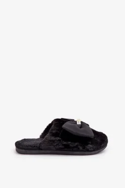 Damskie Boto Kapcie Damskie Z Futerkiem I Kokardą Czarne Olfedi