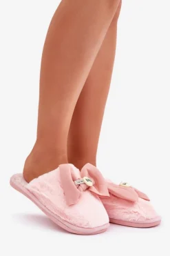 Discount Boto Kapcie Damskie Z Futerkiem I Kokardą Różowe Olfedi Różowy