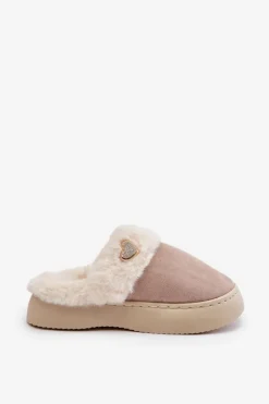 Boto Kapcie Klasyczne*Kapcie Damskie Z Futerkiem I Ozdobnym Sercem Beżowe Otielo