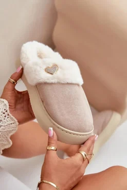 Boto Kapcie Klasyczne*Kapcie Damskie Z Futerkiem I Ozdobnym Sercem Beżowe Otielo