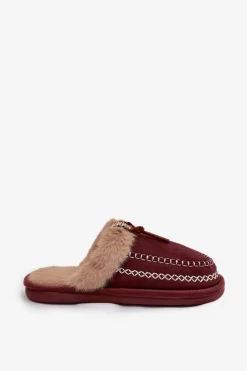 Boto Kapcie Klasyczne|Klapki Z Futerkiem*Kapcie Damskie Z Futerkiem I Haftem Bordowe Perivelle