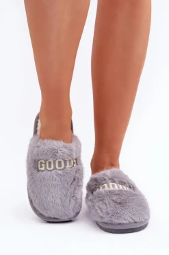 Damskie Boto Kapcie Damskie Z Futerkiem I Napisem Szare Kalelia