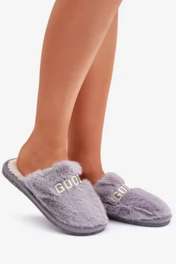 Damskie Boto Kapcie Damskie Z Futerkiem I Napisem Szare Kalelia