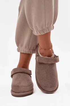 Boto Śniegowce Damskie|Kapcie Klasyczne*Kapcie Damskie Z Paskiem Ocieplane Futerkiem Ciemnobeżowe Rilena Beżowy