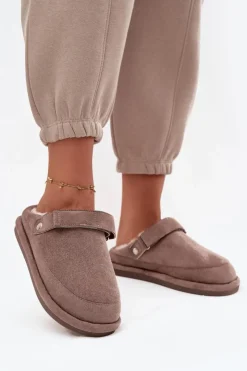 Boto Śniegowce Damskie|Kapcie Klasyczne*Kapcie Damskie Z Paskiem Ocieplane Futerkiem Ciemnobeżowe Rilena Beżowy