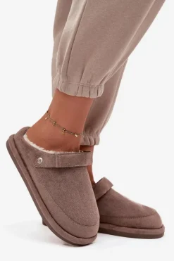 Boto Śniegowce Damskie|Kapcie Klasyczne*Kapcie Damskie Z Paskiem Ocieplane Futerkiem Ciemnobeżowe Rilena Beżowy