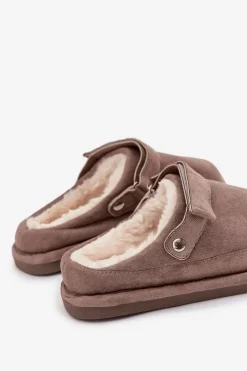 Boto Śniegowce Damskie|Kapcie Klasyczne*Kapcie Damskie Z Paskiem Ocieplane Futerkiem Ciemnobeżowe Rilena Beżowy