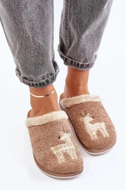 Online INBLU Kapcie Damskie Z Reniferem I Futerkiem CT000034 Beżowe Beżowy