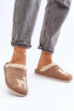 Online INBLU Kapcie Damskie Z Reniferem I Futerkiem CT000034 Beżowe Beżowy