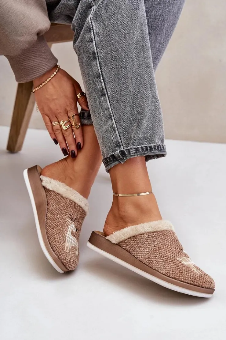 Online INBLU Kapcie Damskie Z Reniferem I Futerkiem CT000034 Beżowe Beżowy