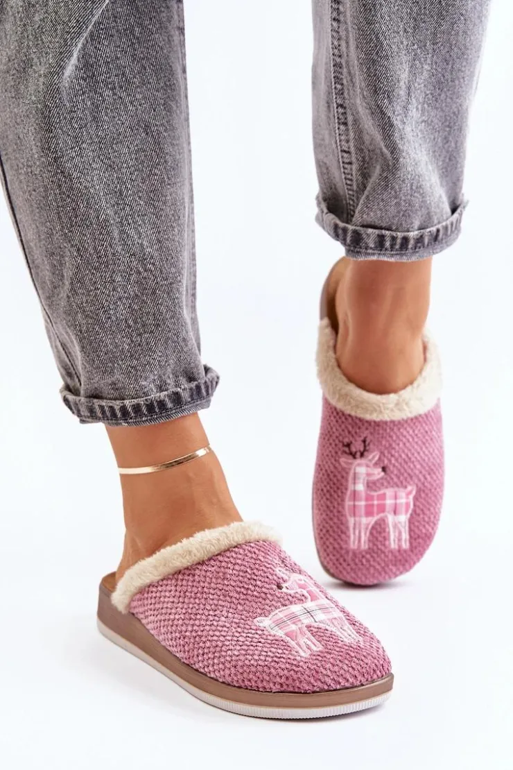 Damskie INBLU Kapcie Damskie Z Reniferem I Futerkiem CT000034 Różowe