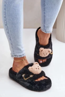 Sale Boto Kapcie Futrzane Damskie Z Misiem I Ozdobnymi Elementami Czarne Innalise