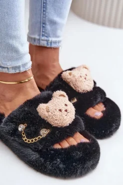 Sale Boto Kapcie Futrzane Damskie Z Misiem I Ozdobnymi Elementami Czarne Innalise