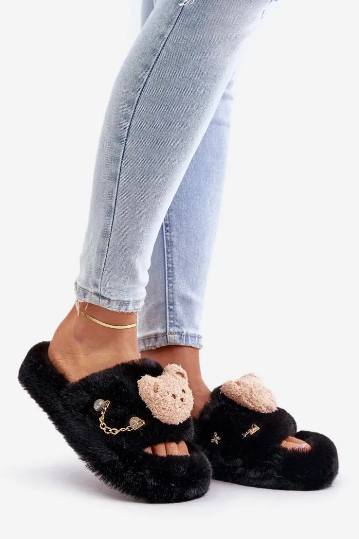 Sale Boto Kapcie Futrzane Damskie Z Misiem I Ozdobnymi Elementami Czarne Innalise