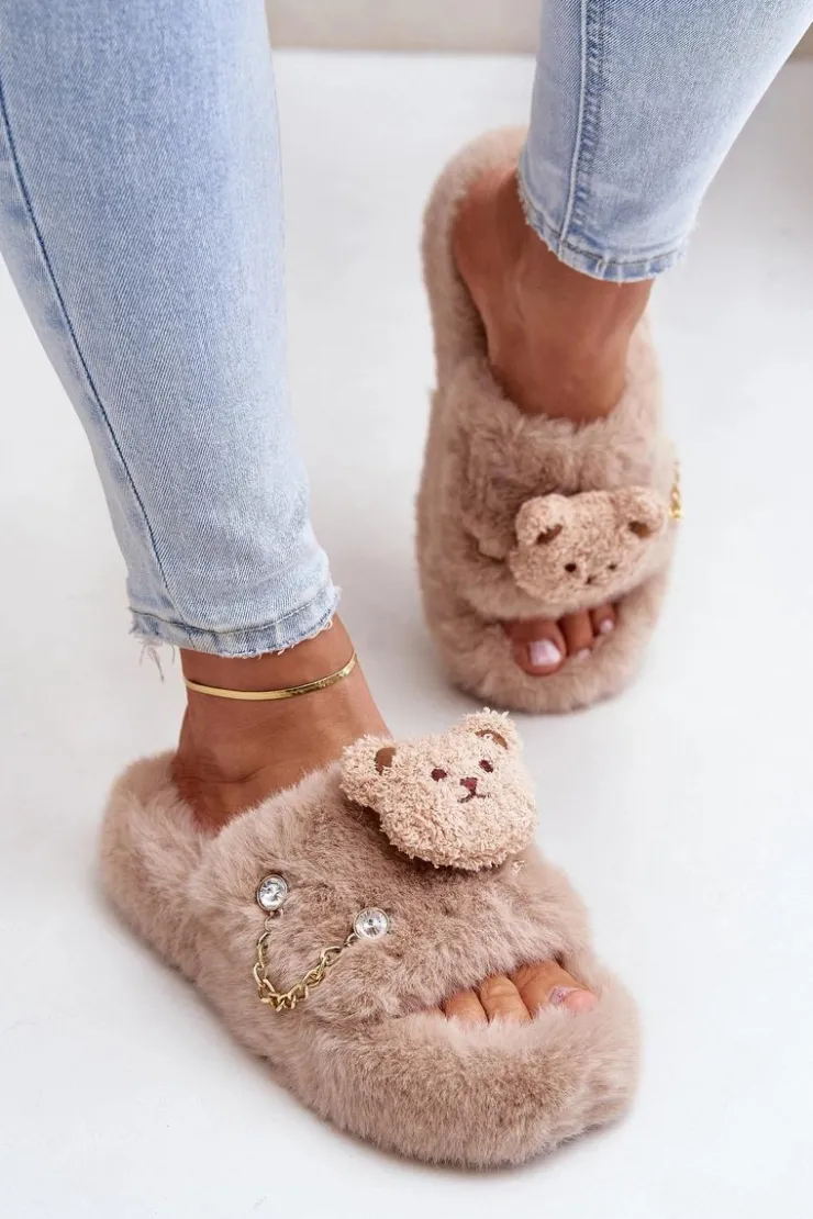 Outlet Boto Kapcie Futrzane Damskie Z Misiem I Ozdobnymi Elementami Beżowe Innalise