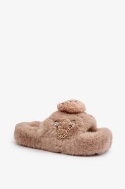 Outlet Boto Kapcie Futrzane Damskie Z Misiem I Ozdobnymi Elementami Beżowe Innalise