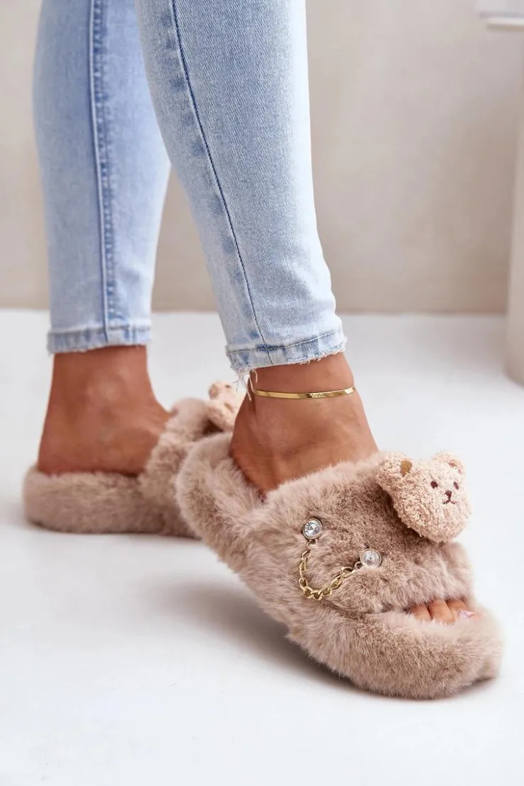 Outlet Boto Kapcie Futrzane Damskie Z Misiem I Ozdobnymi Elementami Beżowe Innalise