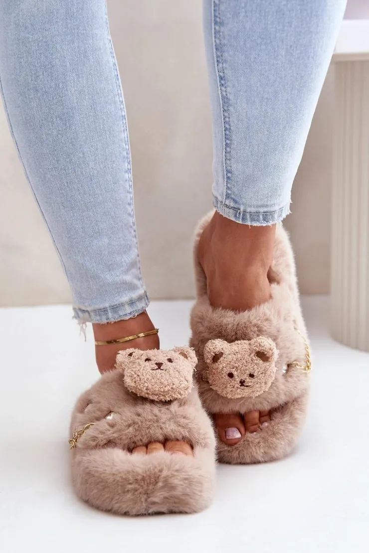 Outlet Boto Kapcie Futrzane Damskie Z Misiem I Ozdobnymi Elementami Beżowe Innalise