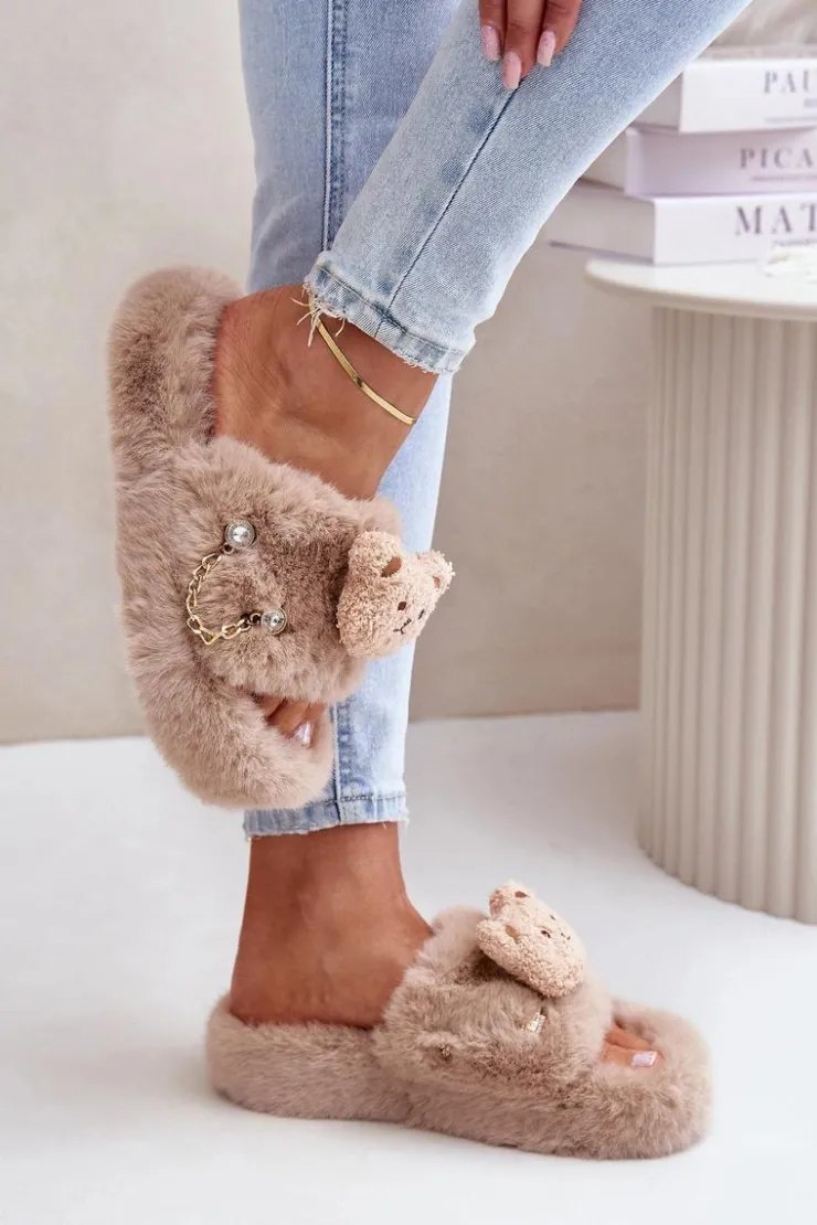 Outlet Boto Kapcie Futrzane Damskie Z Misiem I Ozdobnymi Elementami Beżowe Innalise
