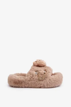Outlet Boto Kapcie Futrzane Damskie Z Misiem I Ozdobnymi Elementami Beżowe Innalise