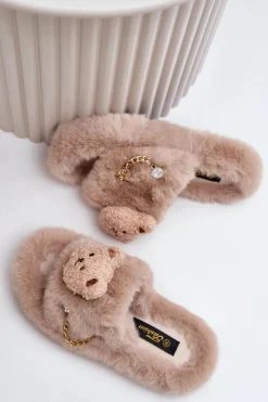 Outlet Boto Kapcie Futrzane Damskie Z Misiem I Ozdobnymi Elementami Beżowe Innalise