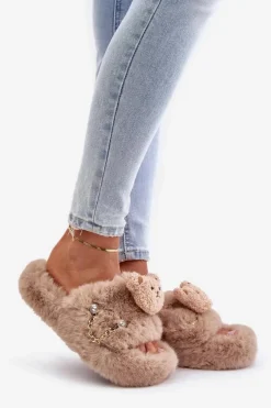 Outlet Boto Kapcie Futrzane Damskie Z Misiem I Ozdobnymi Elementami Beżowe Innalise